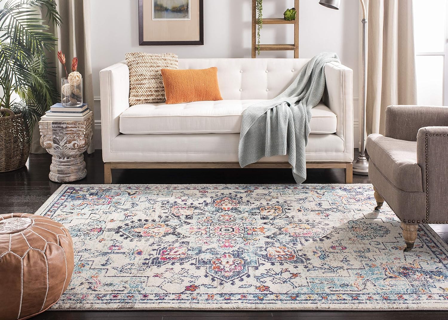SAFAVIEH Madison Collection Area Rug - 8' Square, Cream & Blue, Boho Chic Medallion Distressed Design, Non-Shedding & Easy Care, Ideal for High Traffic Areas in Living Room, Bedroom (MAD473B) - Image 3