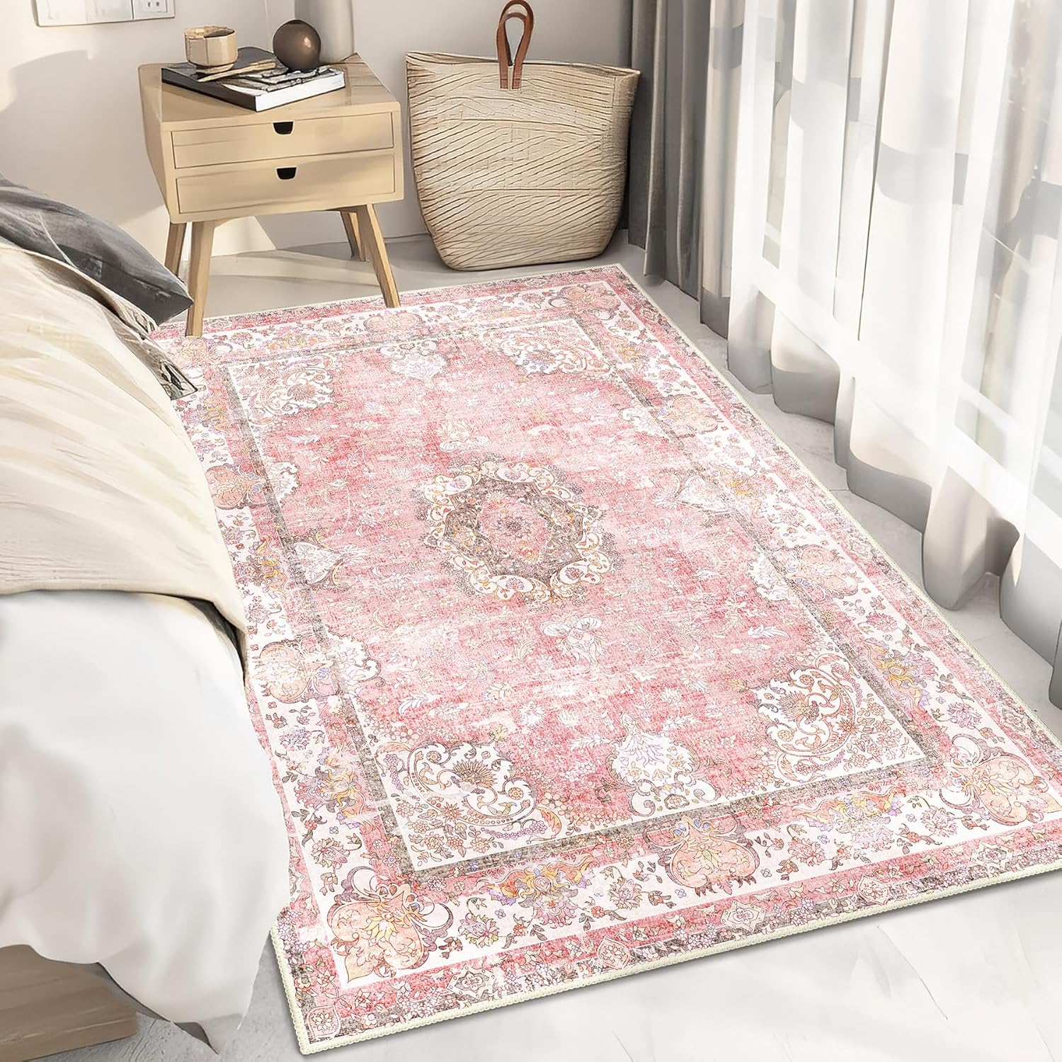 Pink Rug 3'x5',Washable Area Rugs for Bedroom Living Room Kitchen Entryway Bedside,Small Boho Vintage Bohemian Distressed Oriental Non Slip Carpet,Blush Floral Flowers - Image 2
