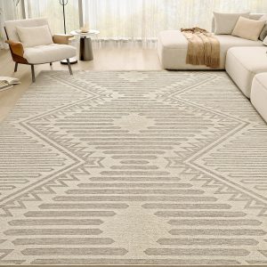 Boho Beige 5x7 Area Rugs Textured Tufted Rugs for Living Room Bedroom Nursery Rug-Carpet Washable Cream Neutral Modern Geometric Moroccan Aztec Rug