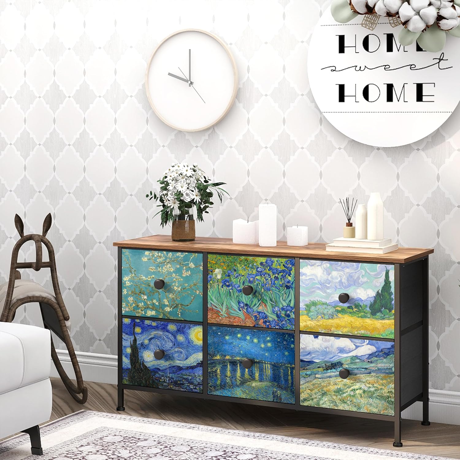EXOTICA 6 Drawer Dresser for Bedroom Van Gogh Chest of Drawers Wide TV Stands Fabric Storage Drawer Unit for Living Room Entryway Closet Sturdy Steel Frame Wood Top - Image 8