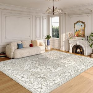 Washable Area Rug 5x7, Area Rugs Stain Resistant Neutral Washable Rugs for Living Room Bedroom Vintage Non-Slip Thin Large Size Area Rug（Beige）