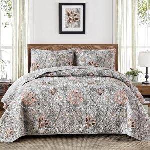 WONGS BEDDING Floral Quilt Set King Size, Grey Botanical King Bedspread Bedding Sets Soft Lightweight Microfiber Flower Gray Coverlet Set 3 Pieces for All Season (104"x90")