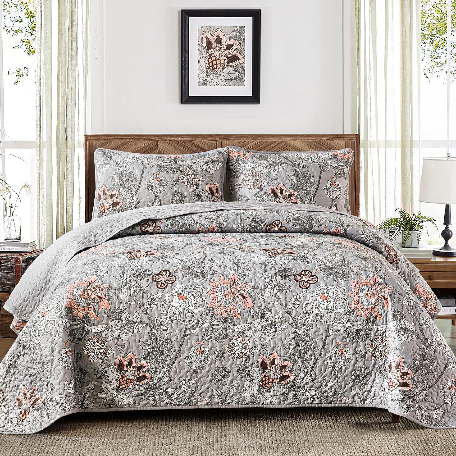 WONGS BEDDING Floral Quilt Set King Size, Grey Botanical King Bedspread Bedding Sets Soft Lightweight Microfiber Flower Gray Coverlet Set 3 Pieces for All Season (104″x90″)