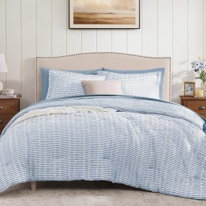 Queen Comforter Set - 7 Pieces Blue Gauze Muslin Bedding Sets for All Seasons, Lightweight Breathable Bed in a Bag Queen with Revesible Farmhouse Comforter, Sheets, Pillowcases & Shams