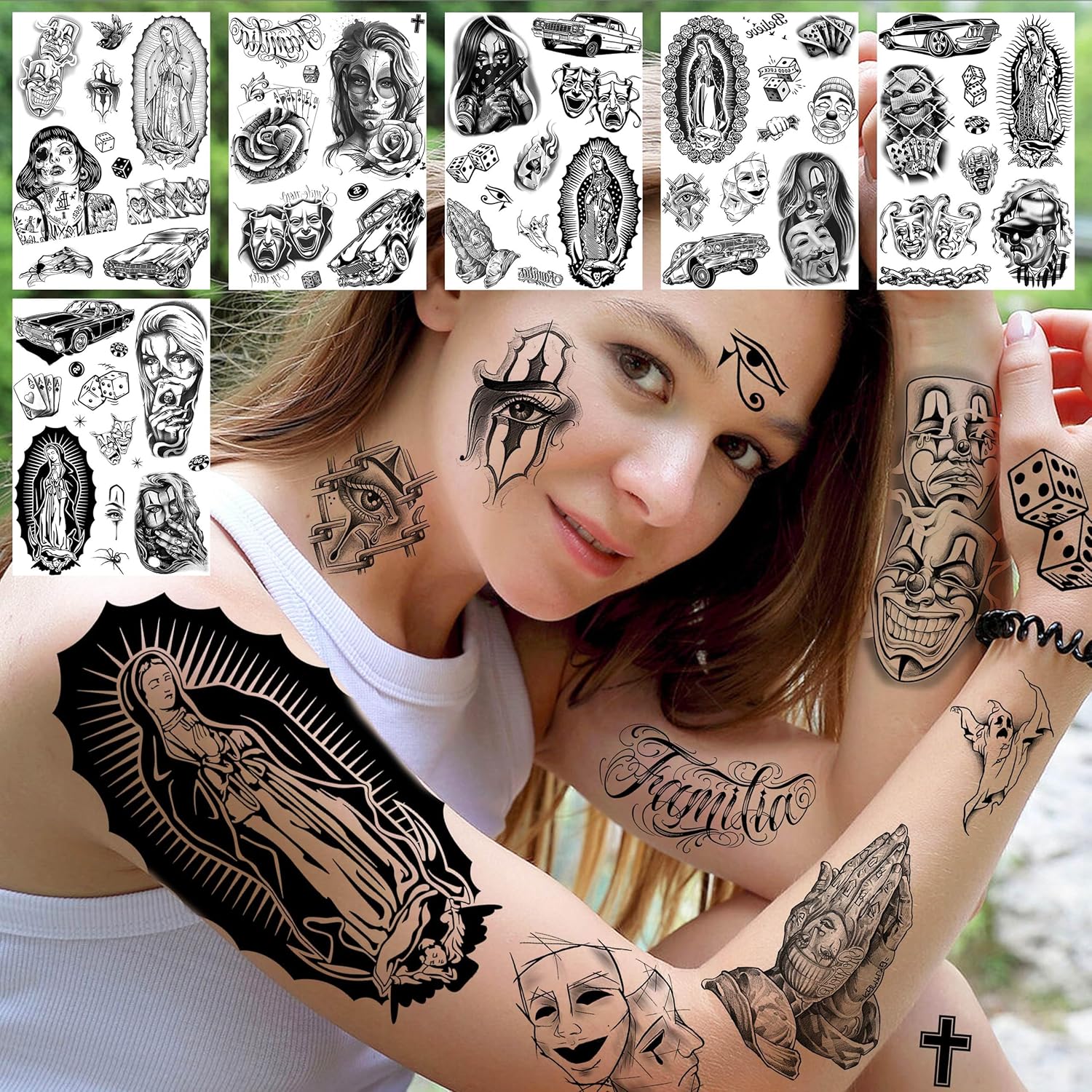 6 Sheets Large Chicano Temporary Tattoos For Men Women Adult, Chicana Guadalupe Gangster Fake Tattoos Prisoner Day of the Dead, Halloween Mexico Tattoo Stickers, Tatuajes Temporales Autocolante - Image 7