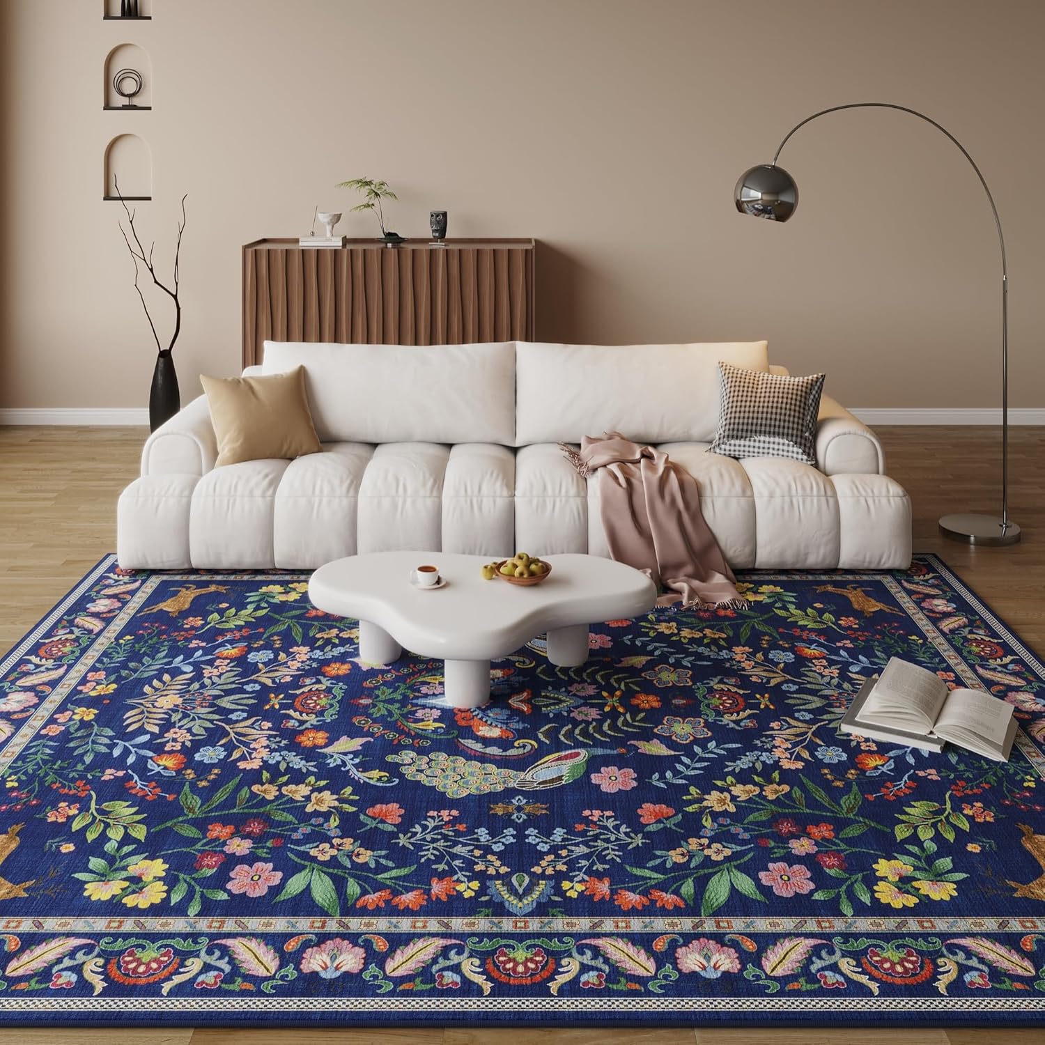 Rugcomf Living Room Rug 5x7 Rug Machine Washable Area Rug Floral Non-Slip Low Pile Large Rugs for Living Room, Bedroom, Farmhouse, Dining Room, Kids Playroom(Blue) - Image 6