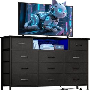 YGEOMER 59in Long Black Dresser for Bedroom TV Stand with Charging Station and LED Lights, Black Dresser with 11 Drawers, Fabric Chest of Drawers with PU Finish for Bedroom, Entryway