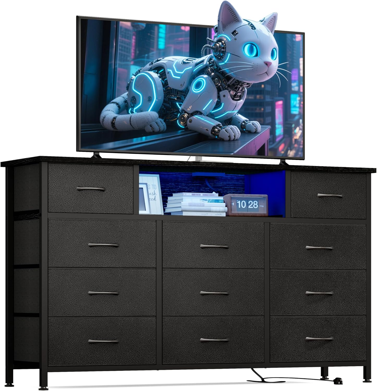 YGEOMER 59in Long Black Dresser for Bedroom TV Stand with Charging Station and LED Lights, Black Dresser with 11 Drawers, Fabric Chest of Drawers with PU Finish for Bedroom, Entryway