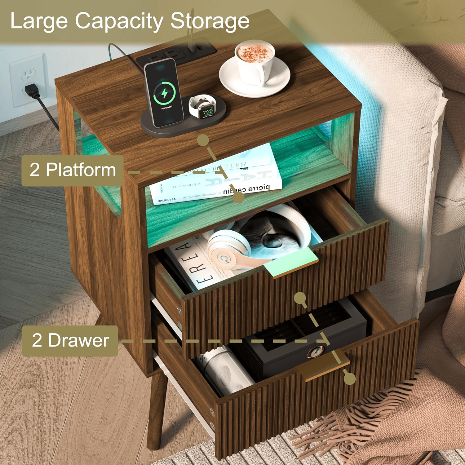 Nightstand with Charging Station and LED Lights,Modern Bedside Table with 2 Storage Drawer and Open Wood Shelf, for Bedroom and Small Spaces,Night Stand with Solid Wood Legs,Walnut Brown - Image 6