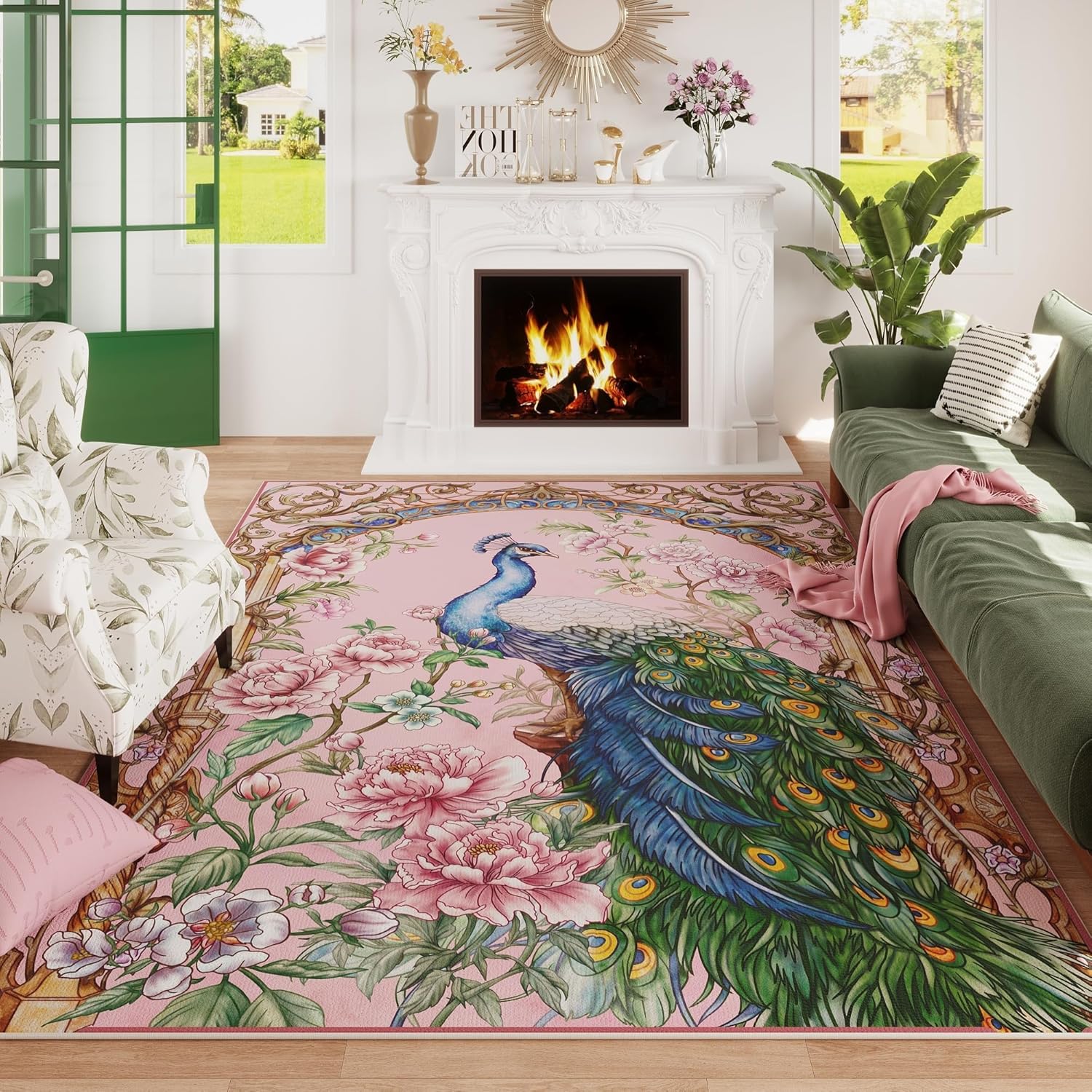 Living Room Rug 5×7 Rug Machine Washable Floral Peacock Area Rug Non Slip Floral Animal Vintage Low Pile Large Rugs for Living Room, Bedroom, Farmhouse, Dining Room, Kids Playroom (Pink)
