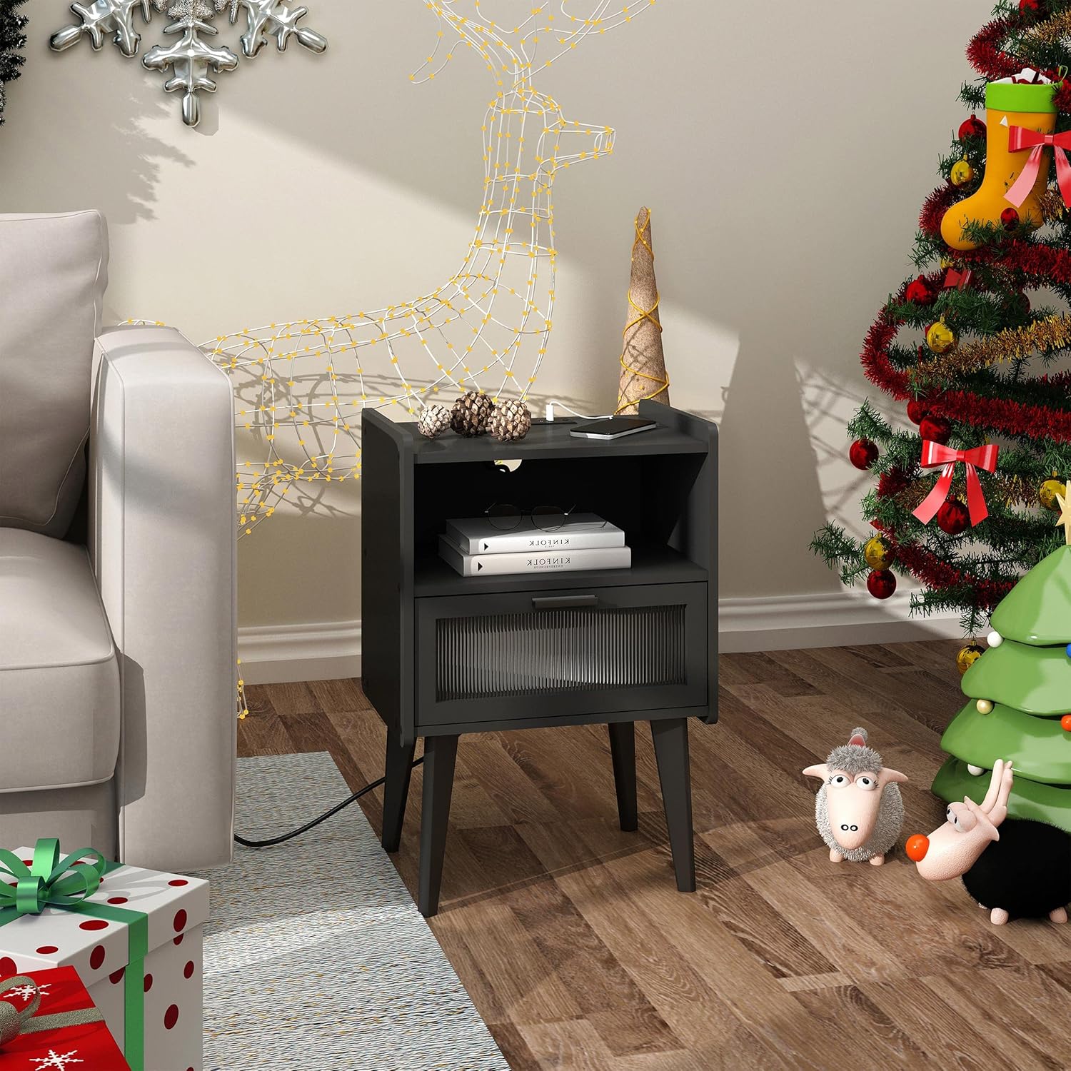 Nightstand with Charging Station, Bedside Tables, End Table Side Table with 2 Tiers Storage Space, for Bedroom, Living Room, Black CAMLBZ07BE - Image 4