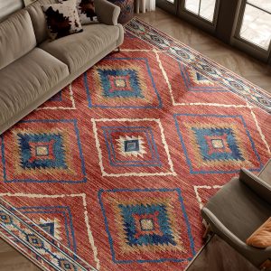 Area Rug 8x10 Rug Machine Washable Non-Slip Low Pile Print Pattern Western Rug for Living Room Bedroom Entryway Tribal Series -Red/Orange