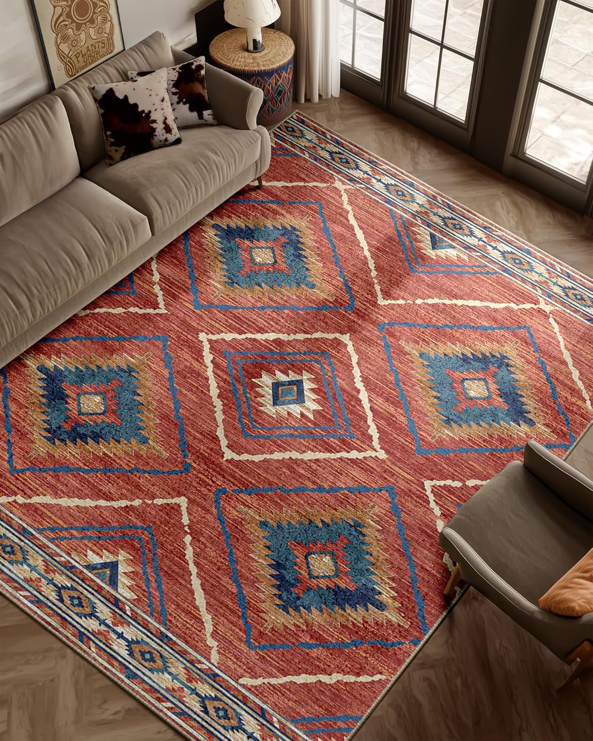 Area Rug 8×10 Rug Machine Washable Non-Slip Low Pile Print Pattern Western Rug for Living Room Bedroom Entryway Tribal Series -Red/Orange