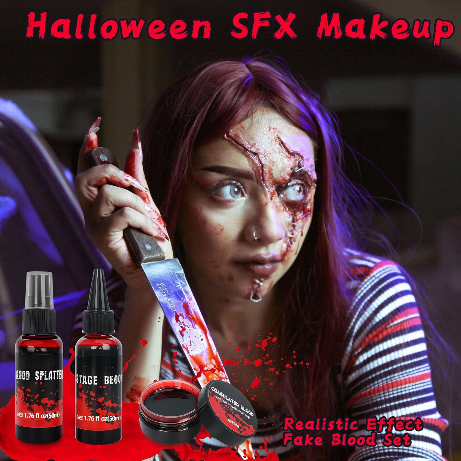 3PCS Halloween Fake Blood Makeup Kit - Coagulated 1.06oz + Spray 1.76oz + Dripping 1.76oz , Realistic Washable SFX Makeup for Zombie Costumes , Perfect for Spooky Season - Image 6
