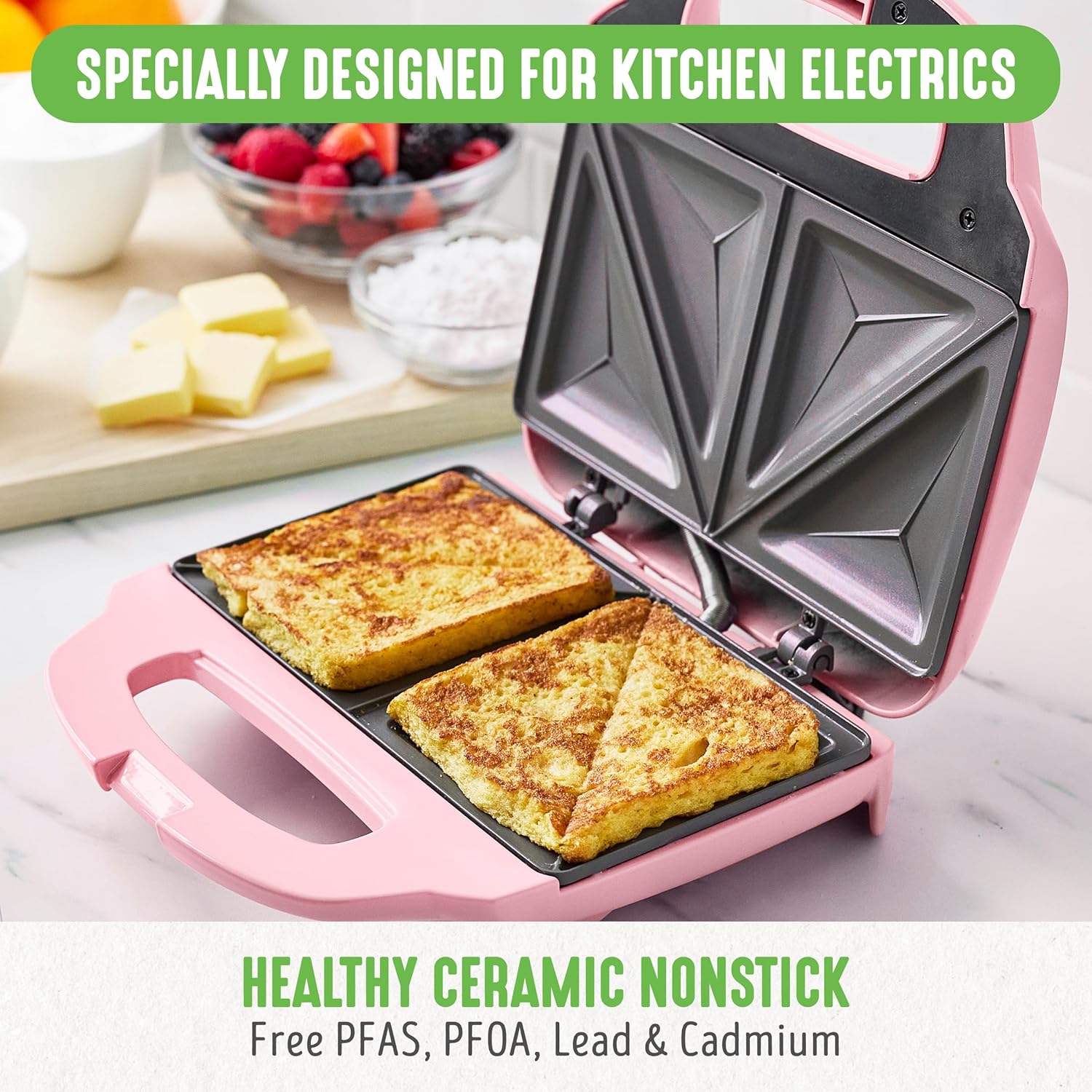 GreenLife Pro Electric Panini Press Grill and Sandwich Maker, Healthy Ceramic Nonstick Plates,Easy Indicator Light, PFAS-Free, Pink - Image 2