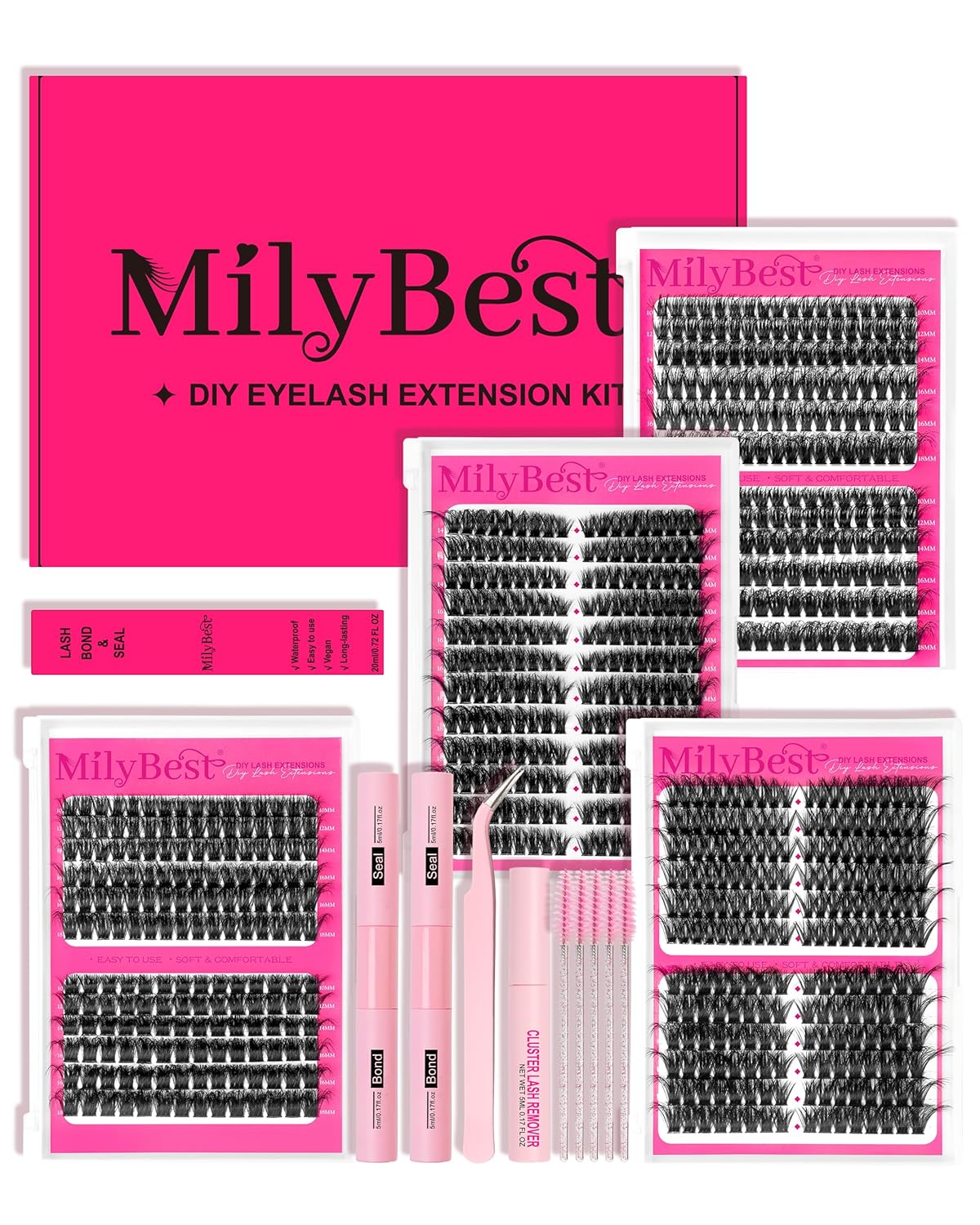MilyBest 4 Styles Lash Clusters Kit 864Pcs Eyelash Clusters Lash Kit Volume Lashes Clusters D Curl DIY Individual False Eyelashes with 2 Bond&Seal Wispy Bulk Cluster Eyelash Extensions Kit De Pestañas