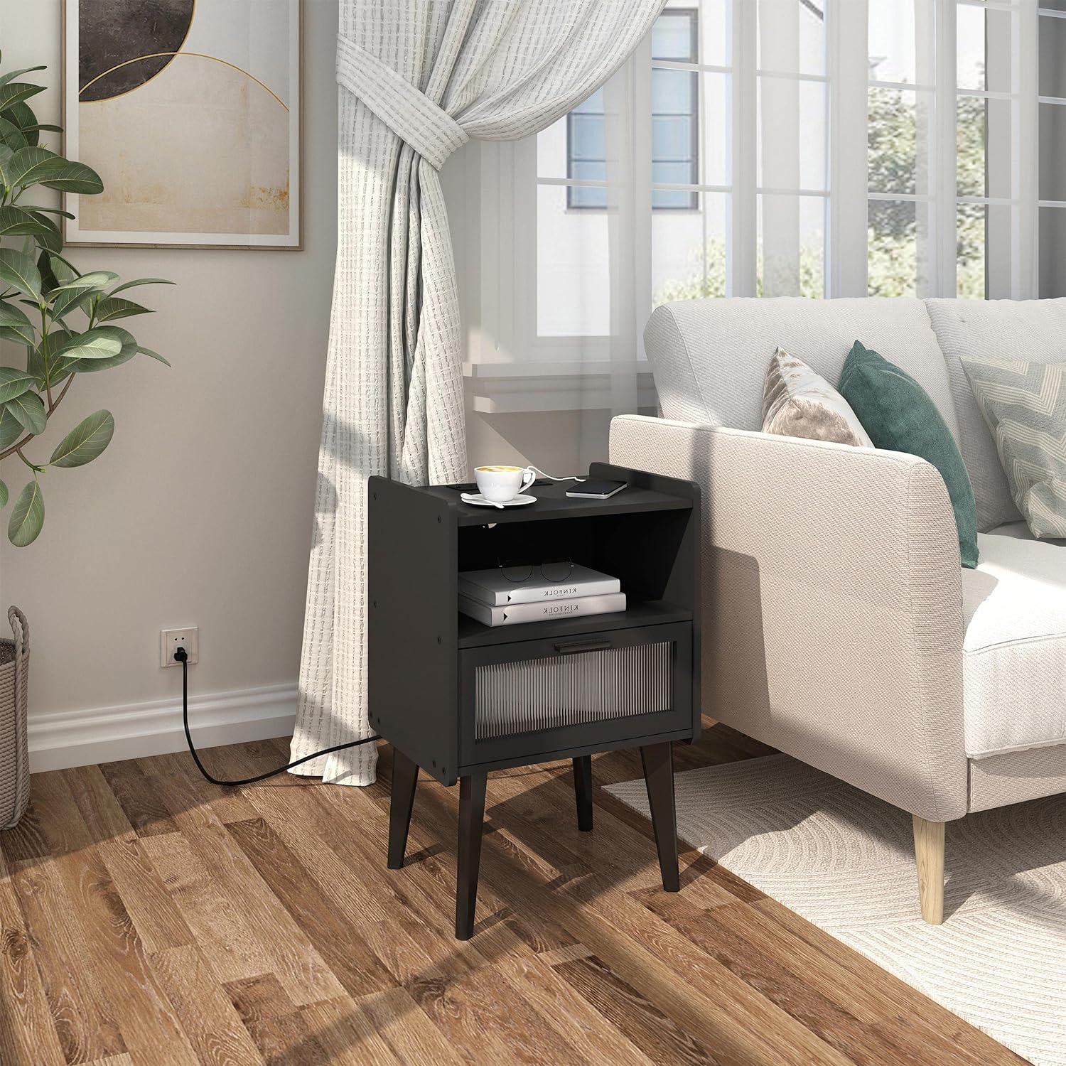 Nightstand with Charging Station, Bedside Tables, End Table Side Table with 2 Tiers Storage Space, for Bedroom, Living Room, Black CAMLBZ07BE - Image 2