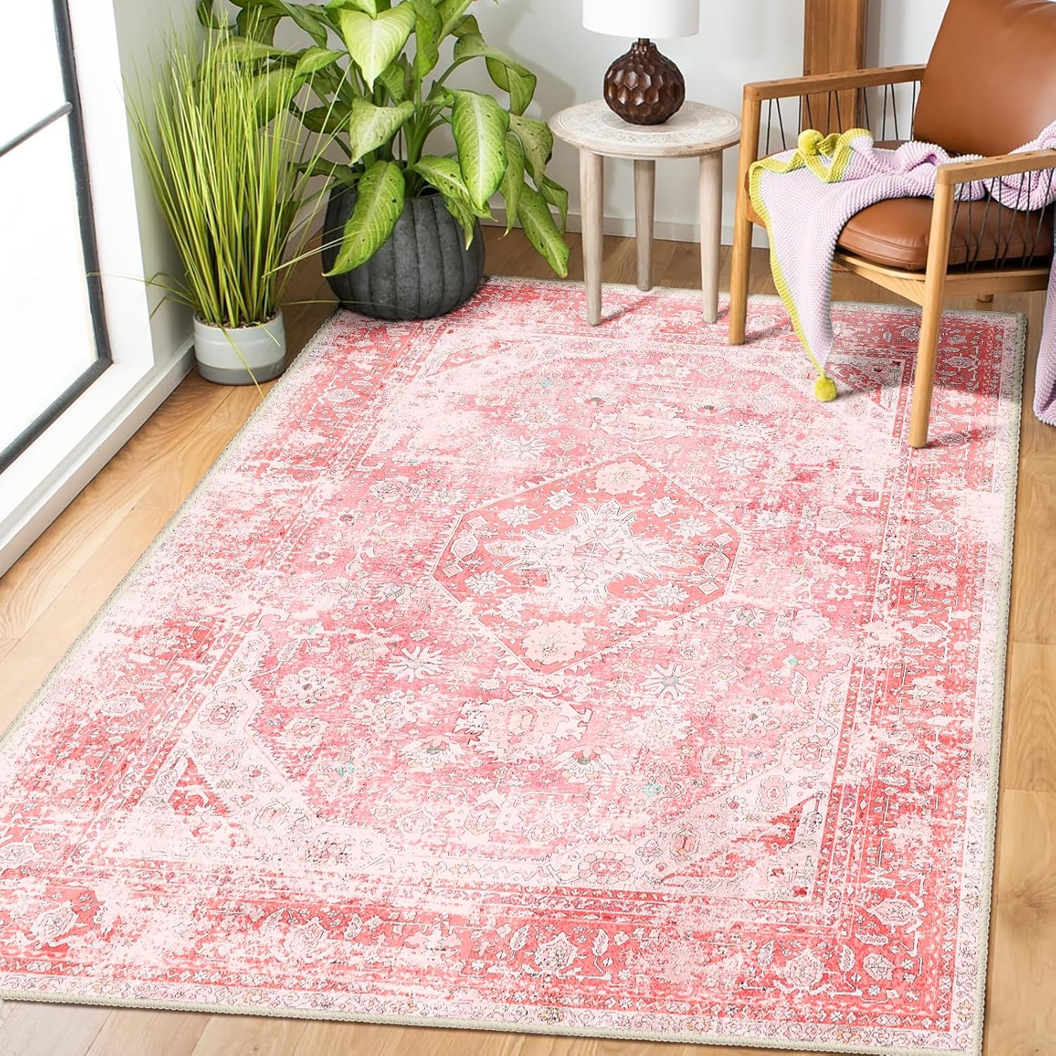 MUJOO Pink Rugs for Bedroom Girls 3’x5′ Rug Washable Boho Area Rug for Living Room Small Cute Non Slip Throw Carpet for Bedside Dorm Shower Room Soft Light Pink Floral Home Decor