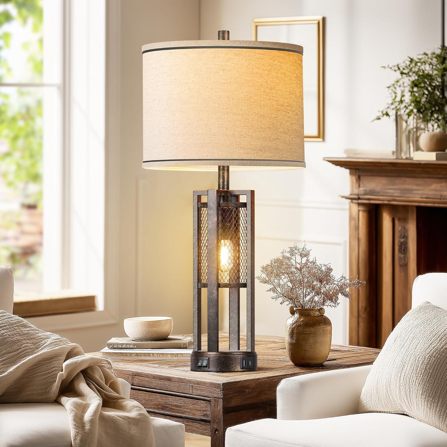 28'' Farmhouse Industrial Table Lamp Set of 2 - Rustic Bedside Nightstand Lamps with Dual USB A+C Ports, Bronze Metal Mesh Nightlight Desk Lamps for Bedroom Living Room, 4 LED Bulbs Included - Image 7