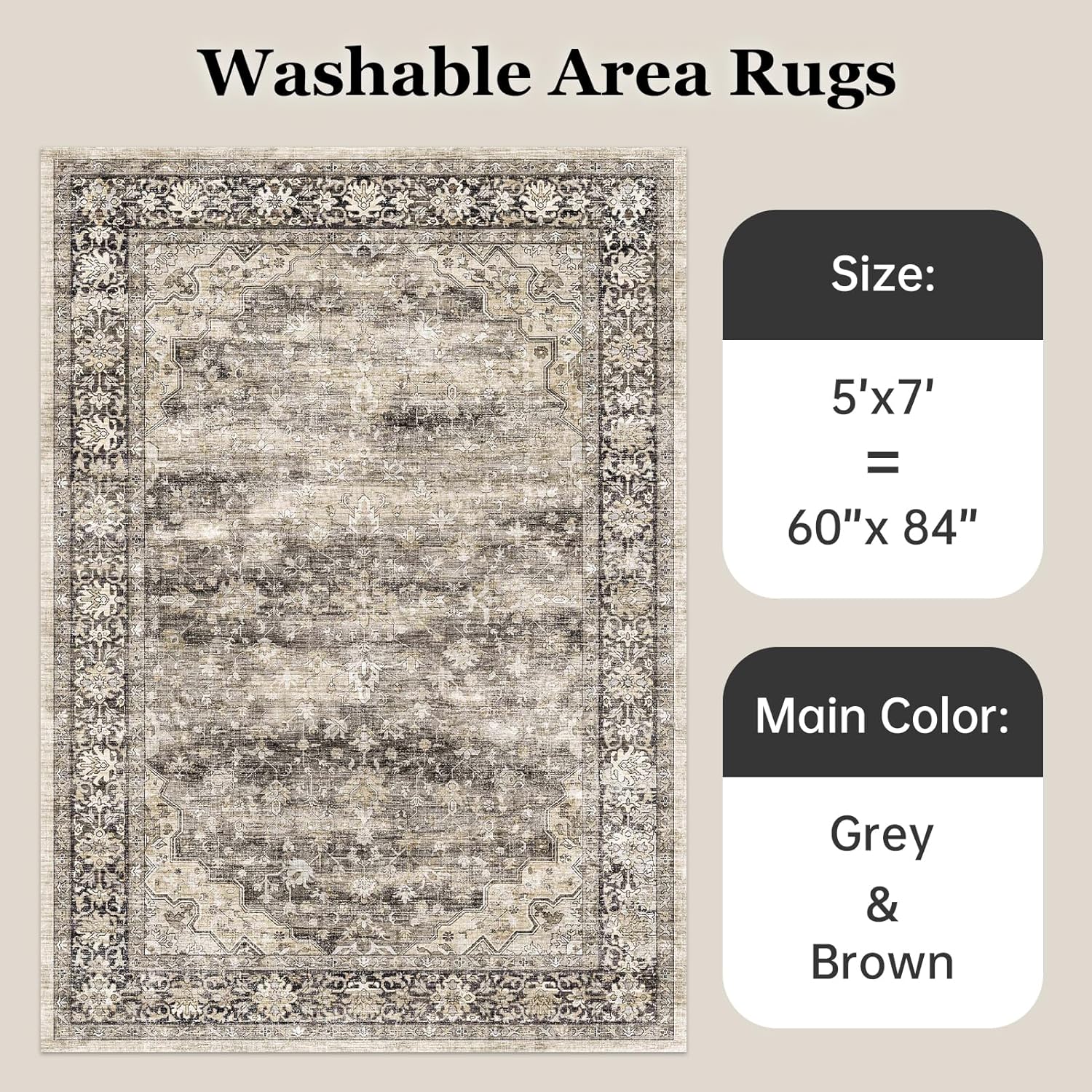 Gray Brown 5x7 Area Rugs for Living Room Washable Low Pile Soft Faux Fur Vintage Boho Carpet Rug Non Slip Sound Absorbing Geometric Floral Rug for Bedroom Office Patio Dining Room Kids Room,Hazel - Image 7