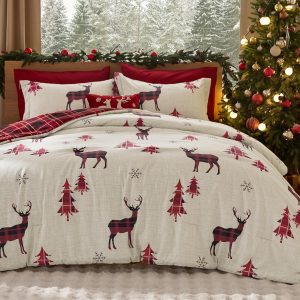 Bedsure Christmas Comforter Set King - Christmas Bed Set with Reindeer, Soft Bedding for Holiday, 3 Pieces, 1 Reversible Buffalo Check Printed Comforter and 2 Pillow Shams