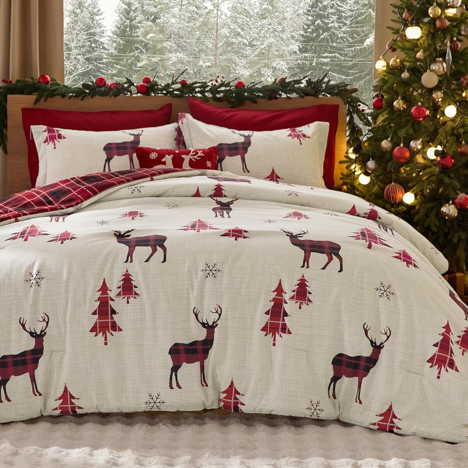 Bedsure Christmas Comforter Set King – Christmas Bed Set with Reindeer, Soft Bedding for Holiday, 3 Pieces, 1 Reversible Buffalo Check Printed Comforter and 2 Pillow Shams