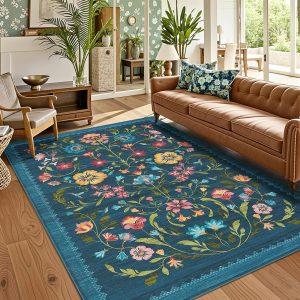 GarveeHome Washable Rug 5x7 Area Rugs for Living Room, Floral Rug for Bedroom, Soft Boho Non Slip Throw Rugs with Rubber Back, Low Pile Stain Resistant Vintage Floral Carpet for Dining Room, Blue