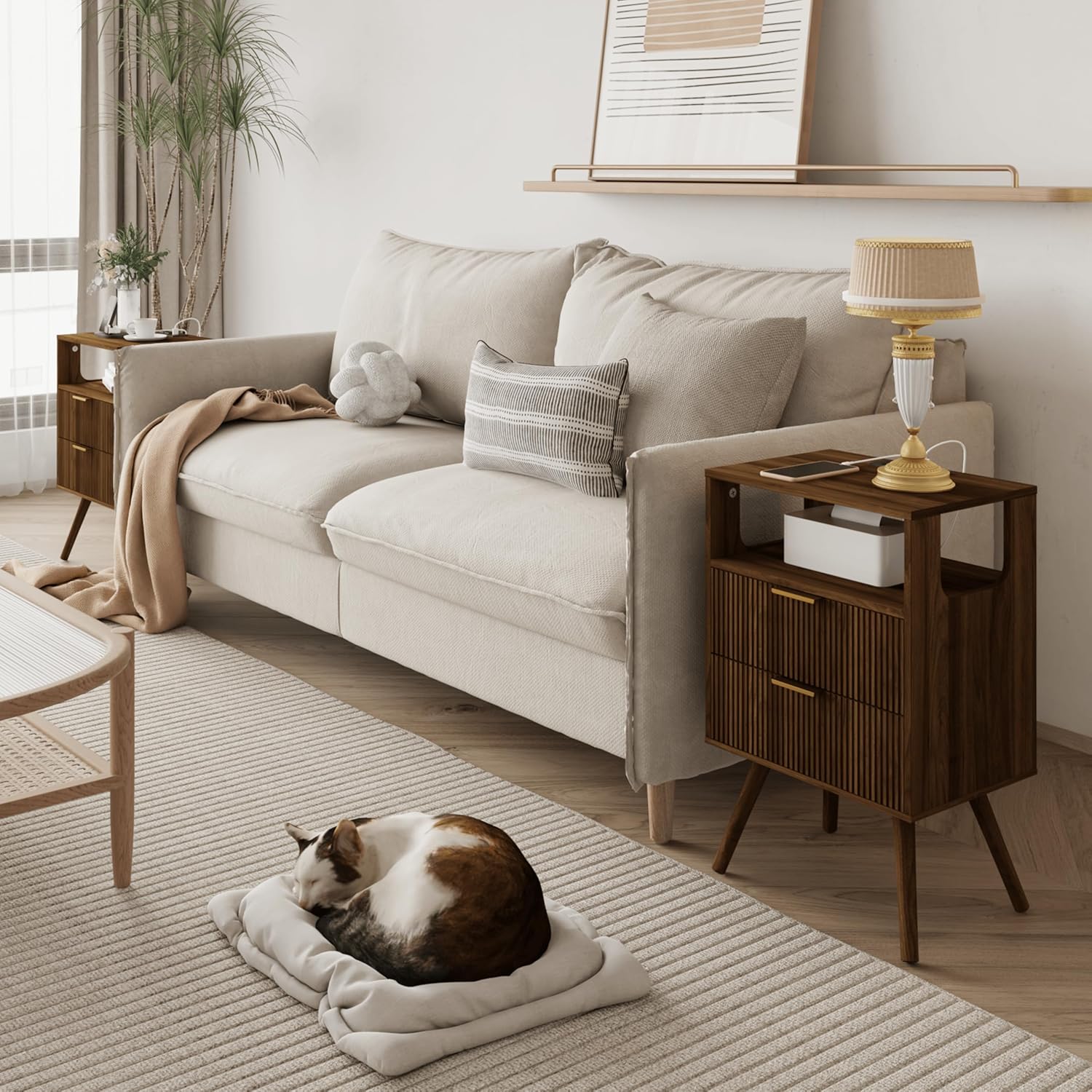 Nightstand with Charging Station and LED Lights,Modern Bedside Table with 2 Storage Drawer and Open Wood Shelf, for Bedroom and Small Spaces,Night Stand with Solid Wood Legs,Walnut Brown - Image 3