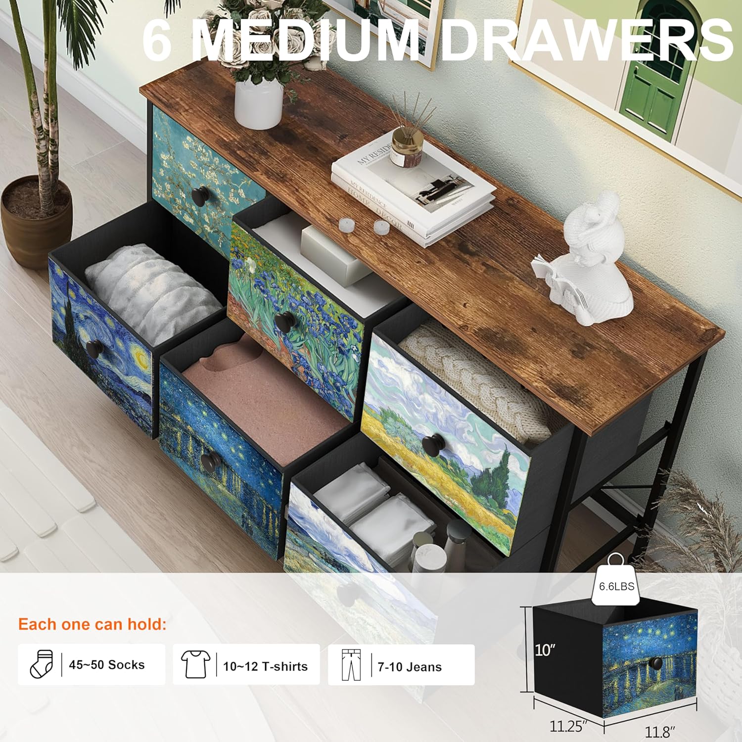 EXOTICA 6 Drawer Dresser for Bedroom Van Gogh Chest of Drawers Wide TV Stands Fabric Storage Drawer Unit for Living Room Entryway Closet Sturdy Steel Frame Wood Top - Image 3