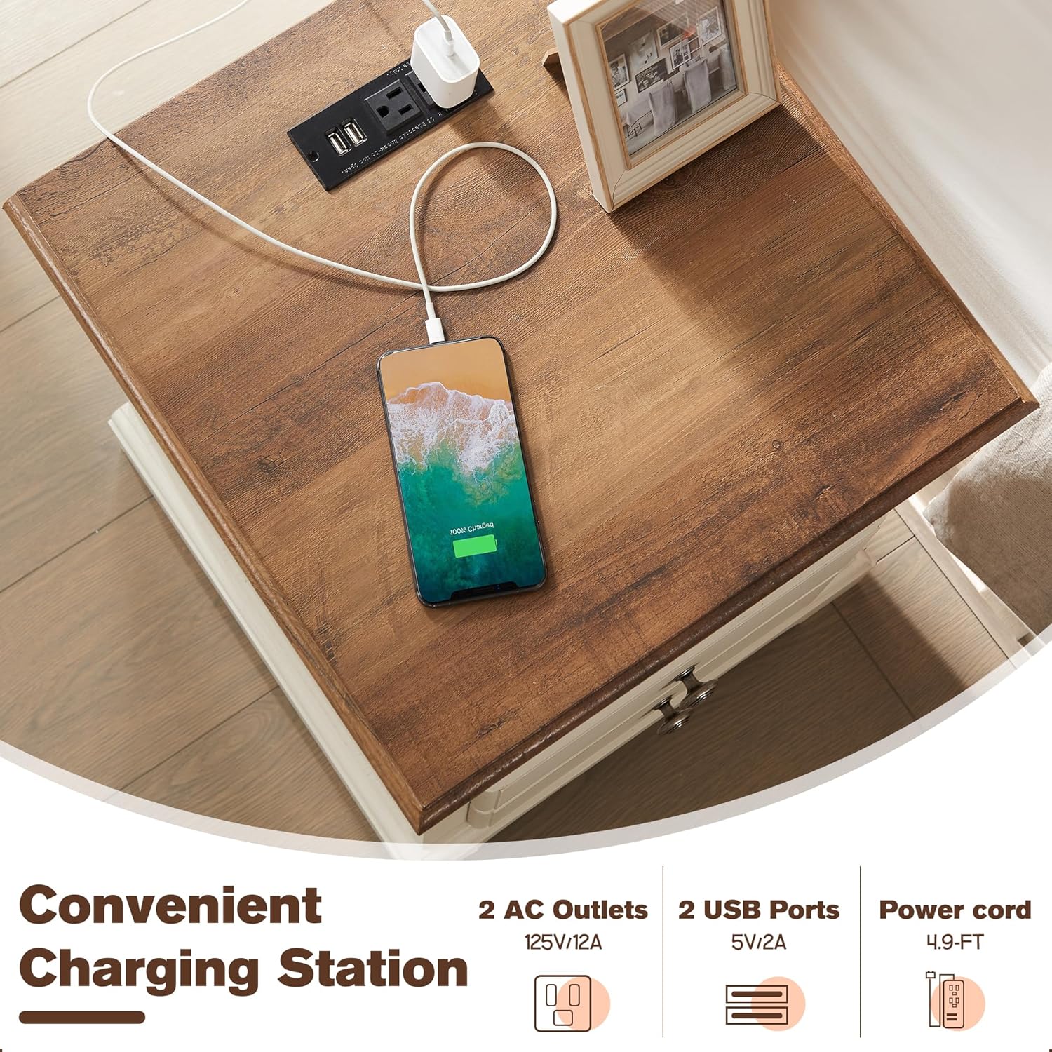 T4TREAM Nightstand with Charging Station, 18 Inch Vintage End Table with 2 Drawers, Wood Rustic Sofa Side Table with Open Storage Shelf for Bedroom, Living Room, Antique White - Image 3