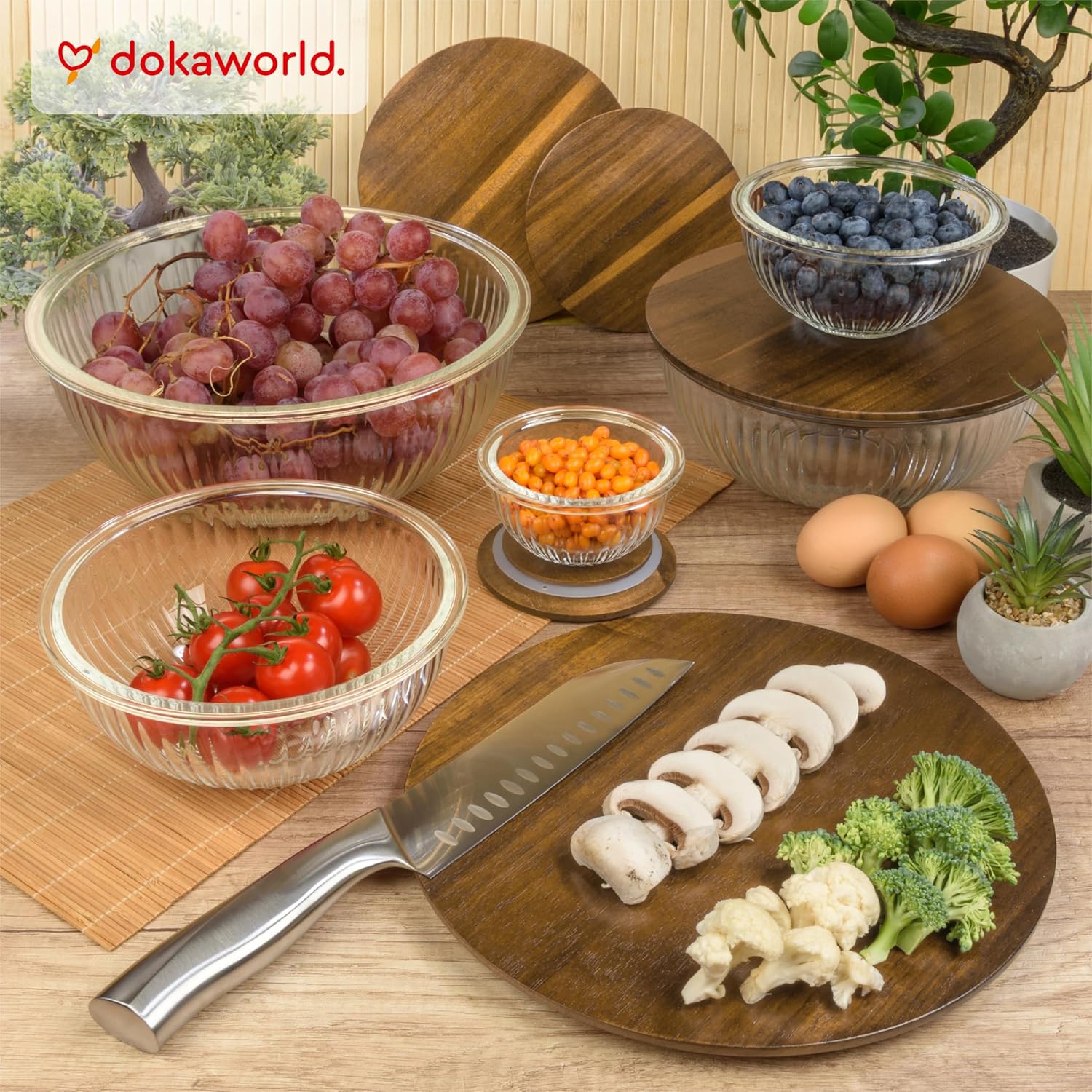 Stackable Space-Saving Set of 5 Nesting Glass Bowls with Acacia Lids for Foodprep, Storage, Mixing & Cooking - Microwave & Oven-ready BPA Free Durable Heat Resistant Inert Borosilicate Glass - Image 7