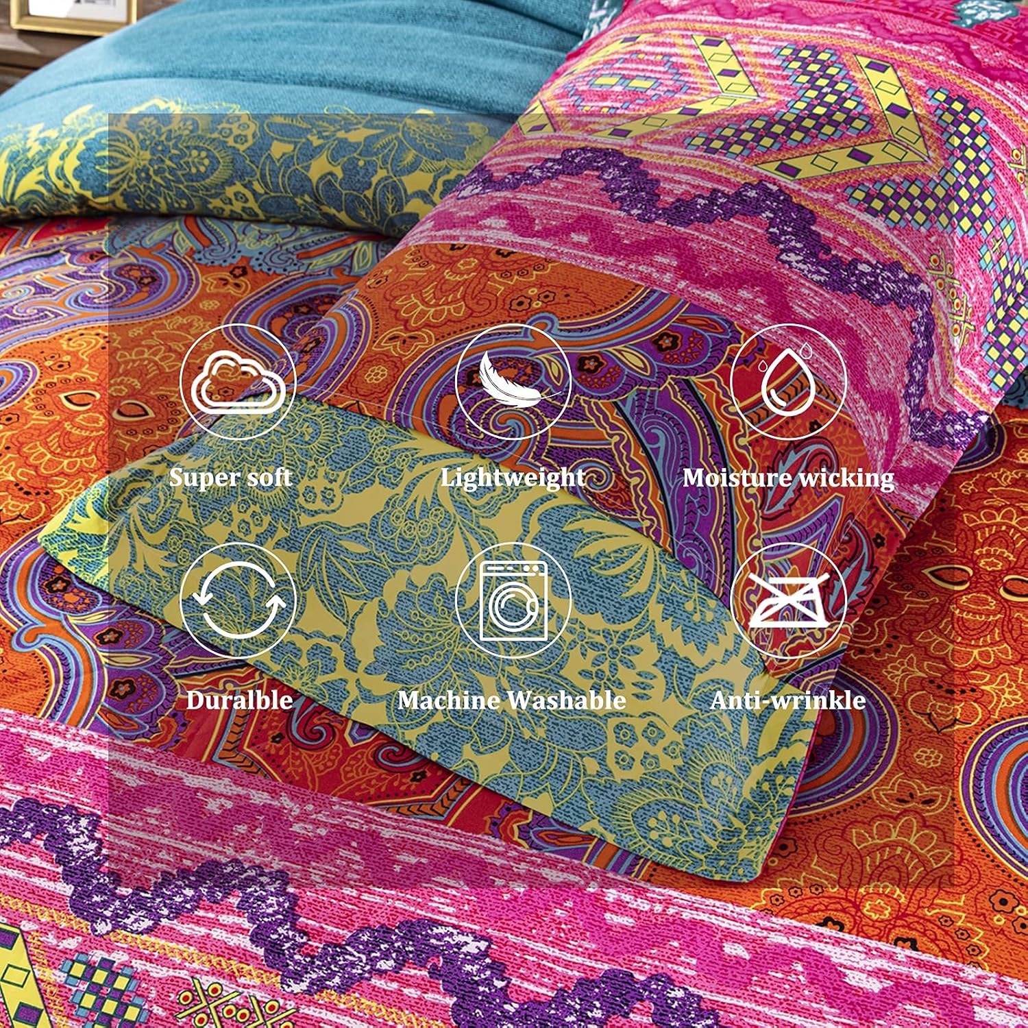 WONGS BEDDING Bohemian Comforter Set Queen, Ultra Soft Microfiber Reversible Boho Alternative Comforter Set - 3 Pieces (1 Solid Comforter + 2 Pillowcases), Bedding Duvet Set for Queen Bed - Image 5