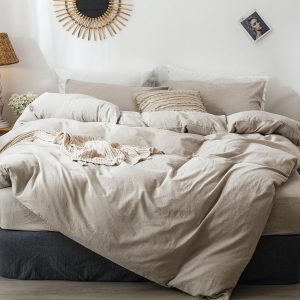 MooMee Bedding Duvet Cover Set 100% Washed Cotton Linen Like Textured Breathable Durable Soft Comfy (Heathered Tannish Linen Grey, Queen 90"x90")