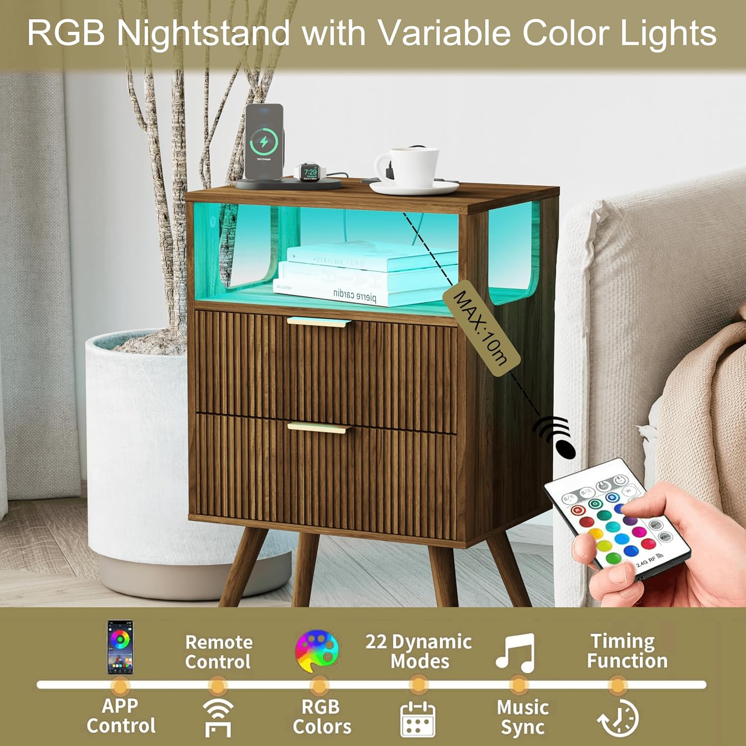 Nightstand with Charging Station and LED Lights,Modern Bedside Table with 2 Storage Drawer and Open Wood Shelf, for Bedroom and Small Spaces,Night Stand with Solid Wood Legs,Walnut Brown - Image 5