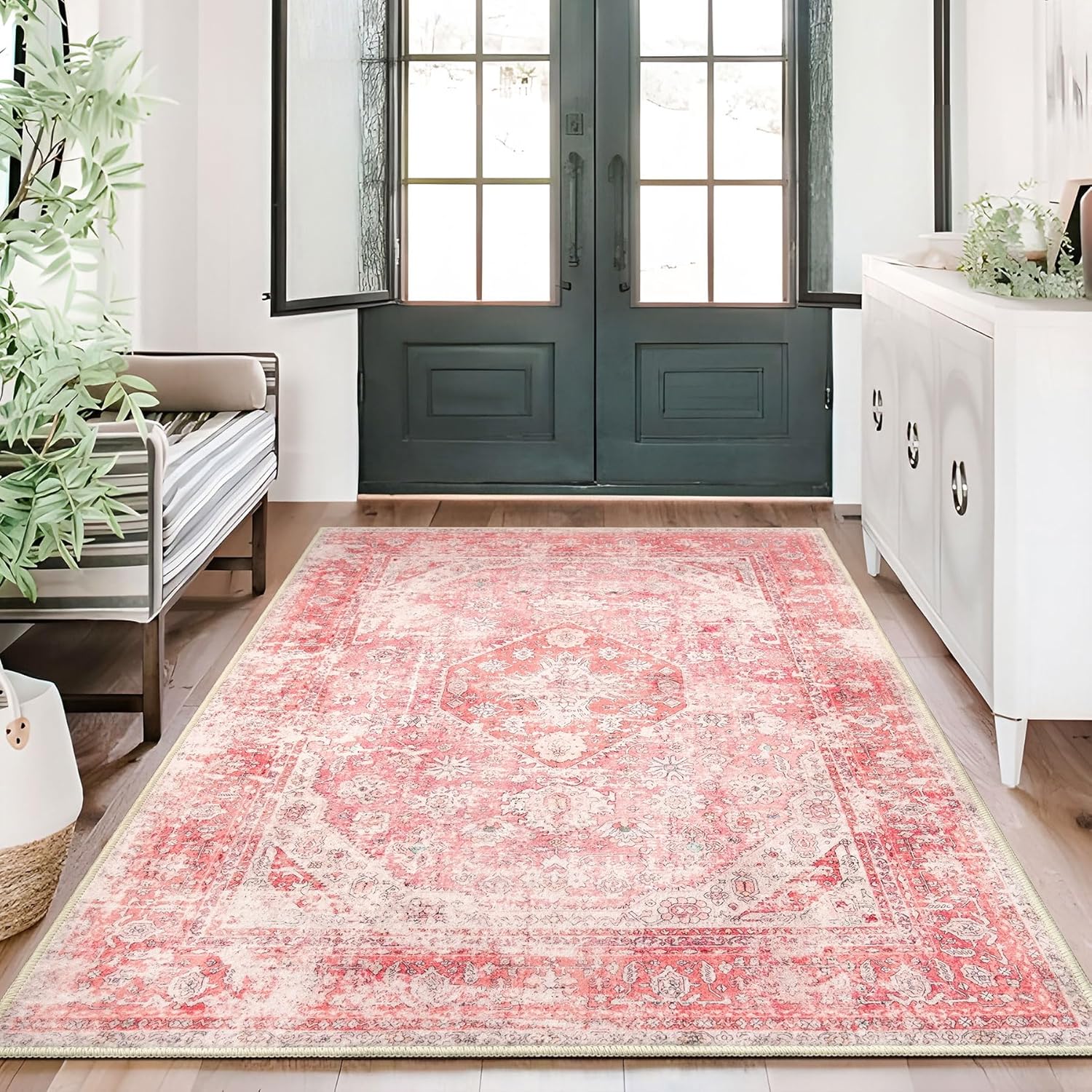 MUJOO Pink Rugs for Bedroom Girls 3'x5' Rug Washable Boho Area Rug for Living Room Small Cute Non Slip Throw Carpet for Bedside Dorm Shower Room Soft Light Pink Floral Home Decor - Image 3