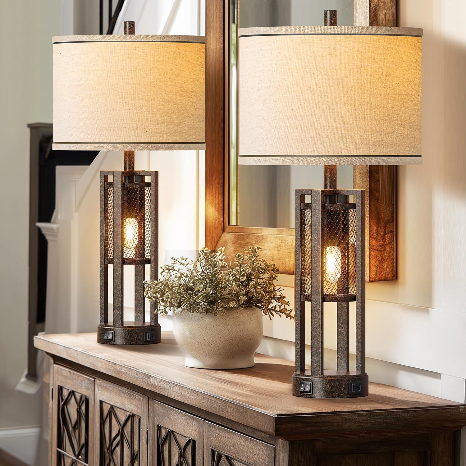 28'' Farmhouse Industrial Table Lamp Set of 2 - Rustic Bedside Nightstand Lamps with Dual USB A+C Ports, Bronze Metal Mesh Nightlight Desk Lamps for Bedroom Living Room, 4 LED Bulbs Included - Image 8