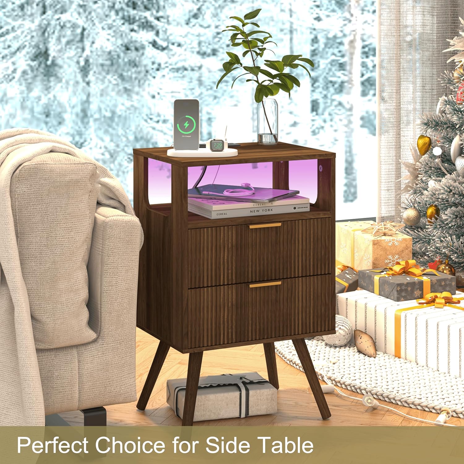 Nightstand with Charging Station and LED Lights,Modern Bedside Table with 2 Storage Drawer and Open Wood Shelf, for Bedroom and Small Spaces,Night Stand with Solid Wood Legs,Walnut Brown - Image 7