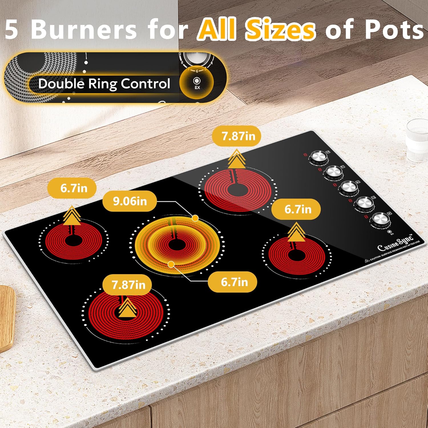 36 Inch Electric Cooktop, 5 Burner Ceramic Stove Top with 9 Power Levels, Knob Control, Auto shutdown and Residual Heat Warning, 8500W, 220-240V for Hard Wire - Image 5