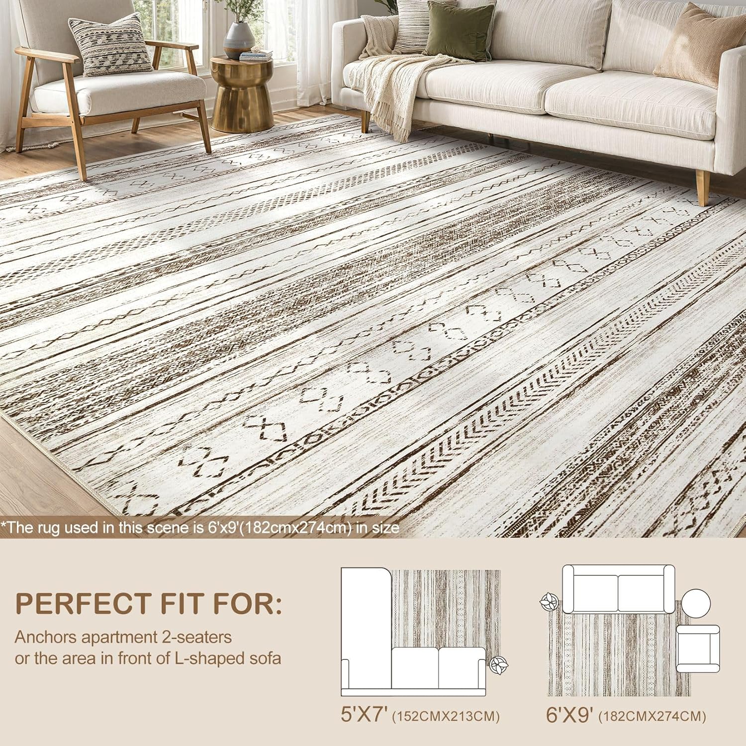 Tortania Area Rug Living Room Rugs - 5x7 Washable Large Soft Neutral Boho Moroccan Bohemian Farmhouse Rug Indoor Floor Carpet for Bedroom Under Dining Table Home Office Decor - Cream Brown - Image 9