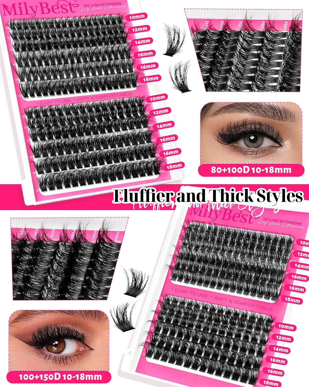 MilyBest 4 Styles Lash Clusters Kit 864Pcs Eyelash Clusters Lash Kit Volume Lashes Clusters D Curl DIY Individual False Eyelashes with 2 Bond&Seal Wispy Bulk Cluster Eyelash Extensions Kit De Pestañas - Image 3