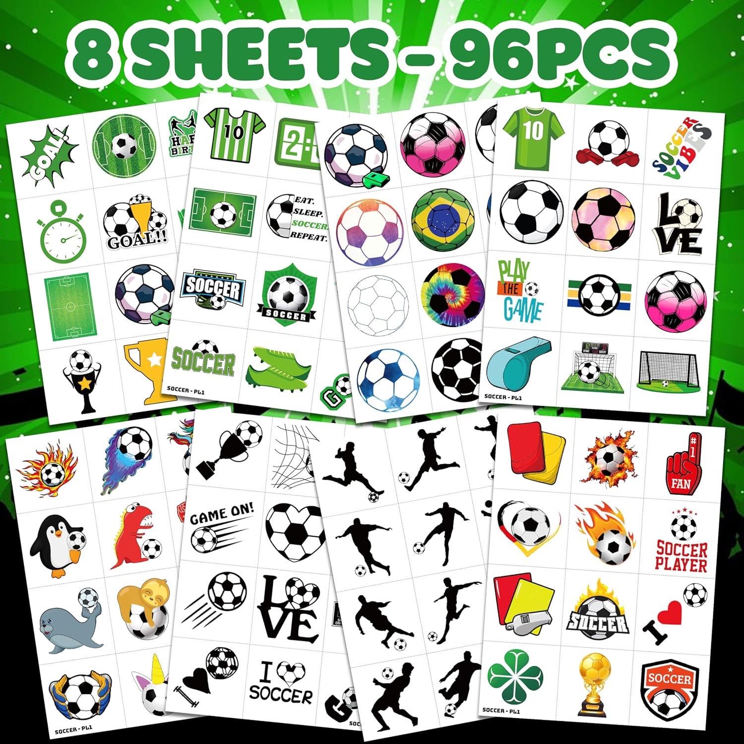 96 PCS Soccer Ball Pre-Cut Temporary Tattoos Themed Birthday Party Decorations Favors Supplies Decor Europa World Cup Football Sports Player Tattoo Stickers Gifts For Game Boys Girls Class (Normal) - Image 3