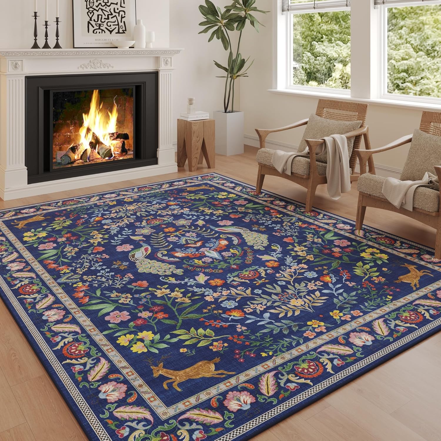 Rugcomf Living Room Rug 5x7 Rug Machine Washable Area Rug Floral Non-Slip Low Pile Large Rugs for Living Room, Bedroom, Farmhouse, Dining Room, Kids Playroom(Blue) - Image 7