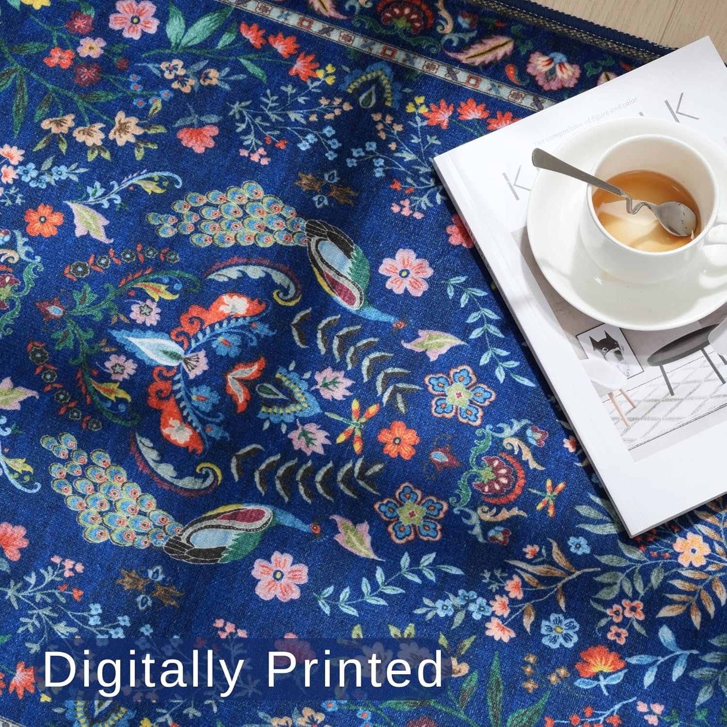 Rugcomf Living Room Rug 5x7 Rug Machine Washable Area Rug Floral Non-Slip Low Pile Large Rugs for Living Room, Bedroom, Farmhouse, Dining Room, Kids Playroom(Blue) - Image 9