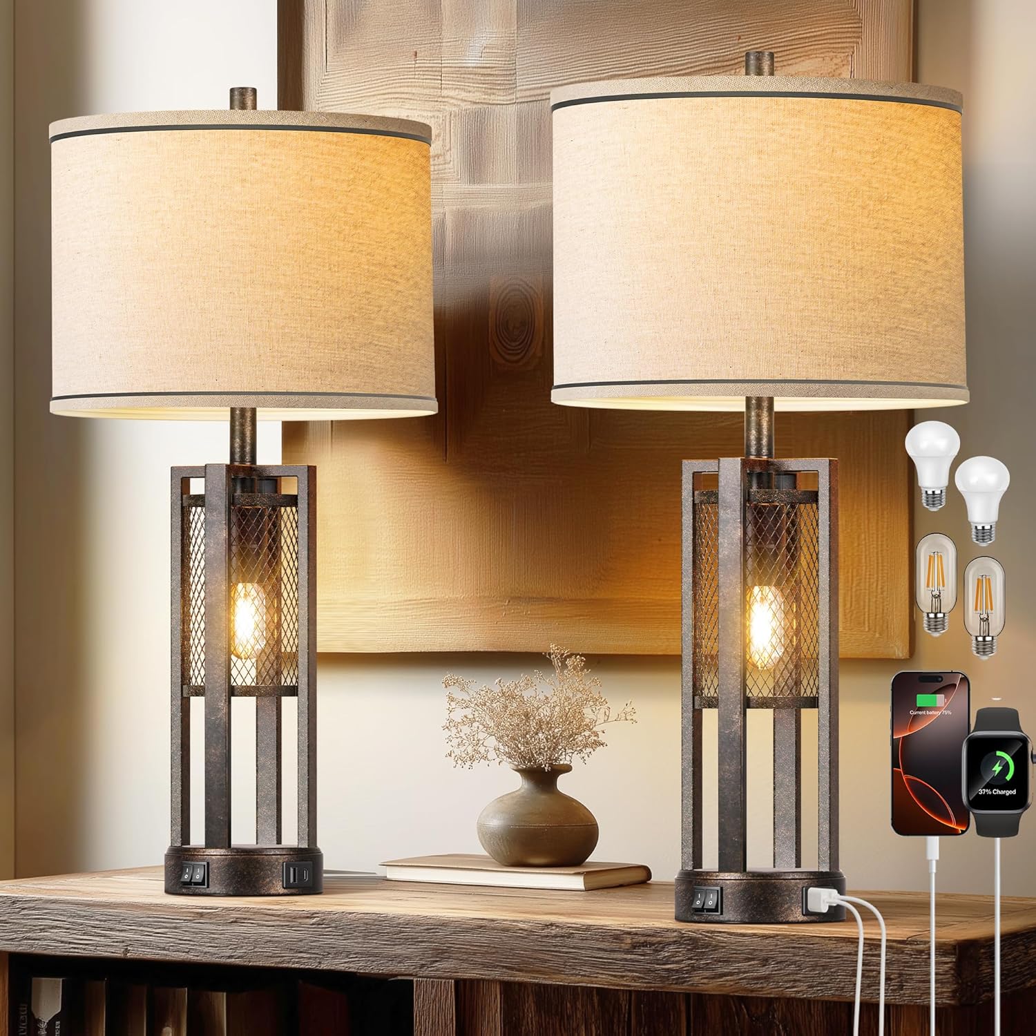 28” Farmhouse Industrial Table Lamp Set of 2 – Rustic Bedside Nightstand Lamps with Dual USB A+C Ports, Bronze Metal Mesh Nightlight Desk Lamps for Bedroom Living Room, 4 LED Bulbs Included