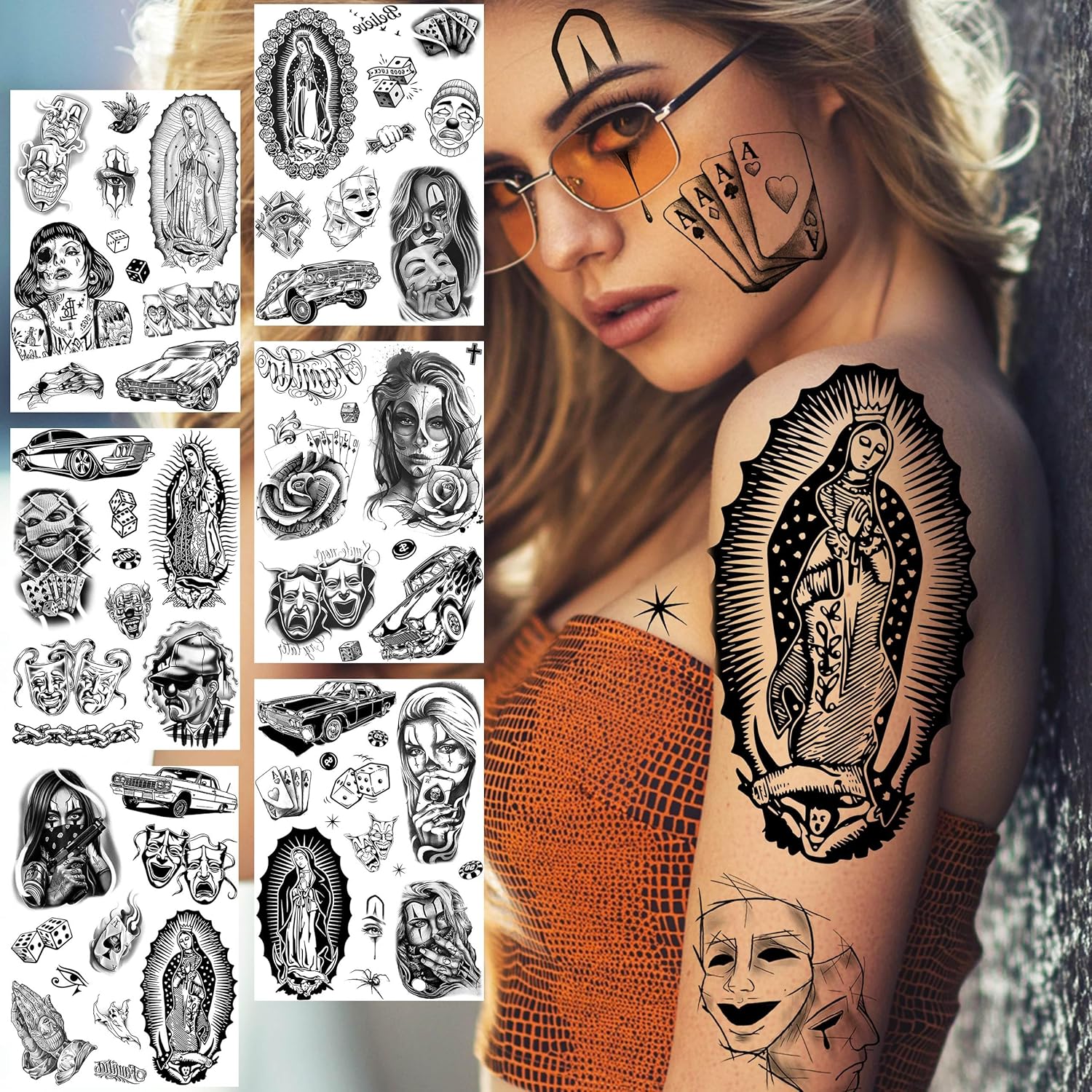 6 Sheets Large Chicano Temporary Tattoos For Men Women Adult, Chicana Guadalupe Gangster Fake Tattoos Prisoner Day of the Dead, Halloween Mexico Tattoo Stickers, Tatuajes Temporales Autocolante - Image 6