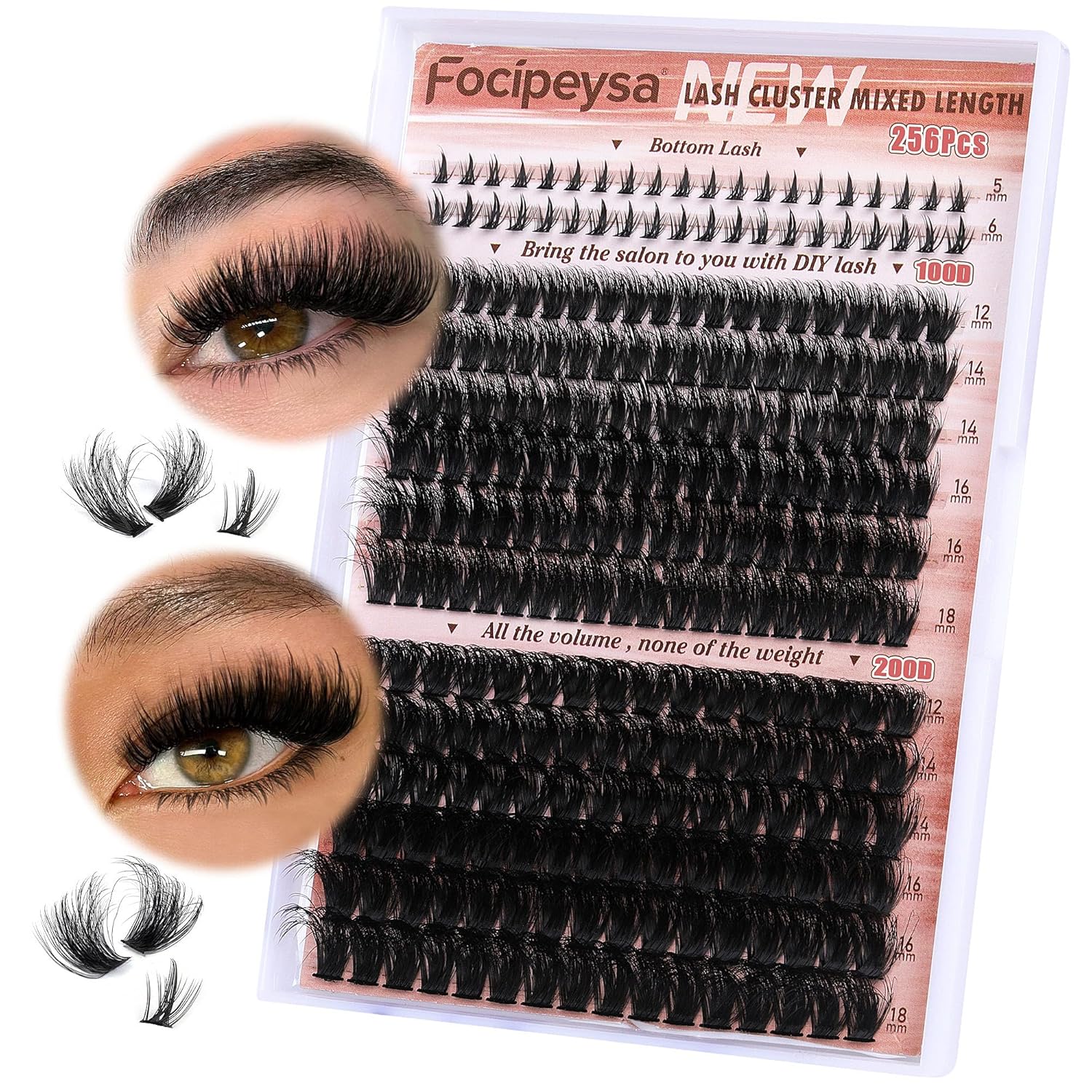 Focipeysa Eyelash Clusters 100D 200D Lashes Extensions with Bottom Lash Volume Fluff Lash Clusters 256pcs Individual Eyelash Extensions 12-18mm Eyelash Extensions DIY D-Curly Lash Extension at Home