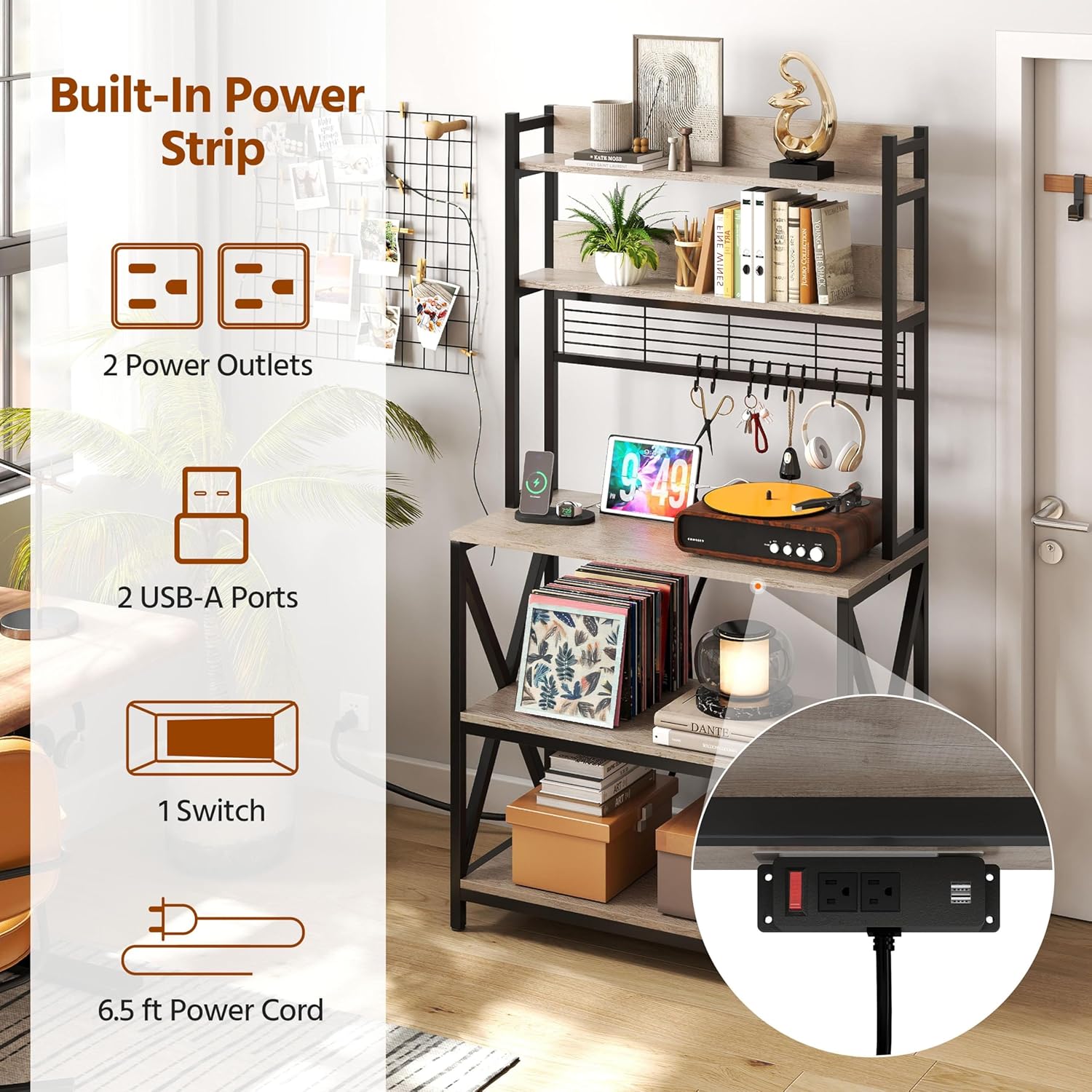 Yaheetech Kitchen Bakers Rack with Power Outlet & LED Lights, 5 Tiers Coffee Bar Table with 8 S Hooks, 64 Inches Tall Microwave Oven Stand with Storage for Spices, Pots, Gray - Image 4