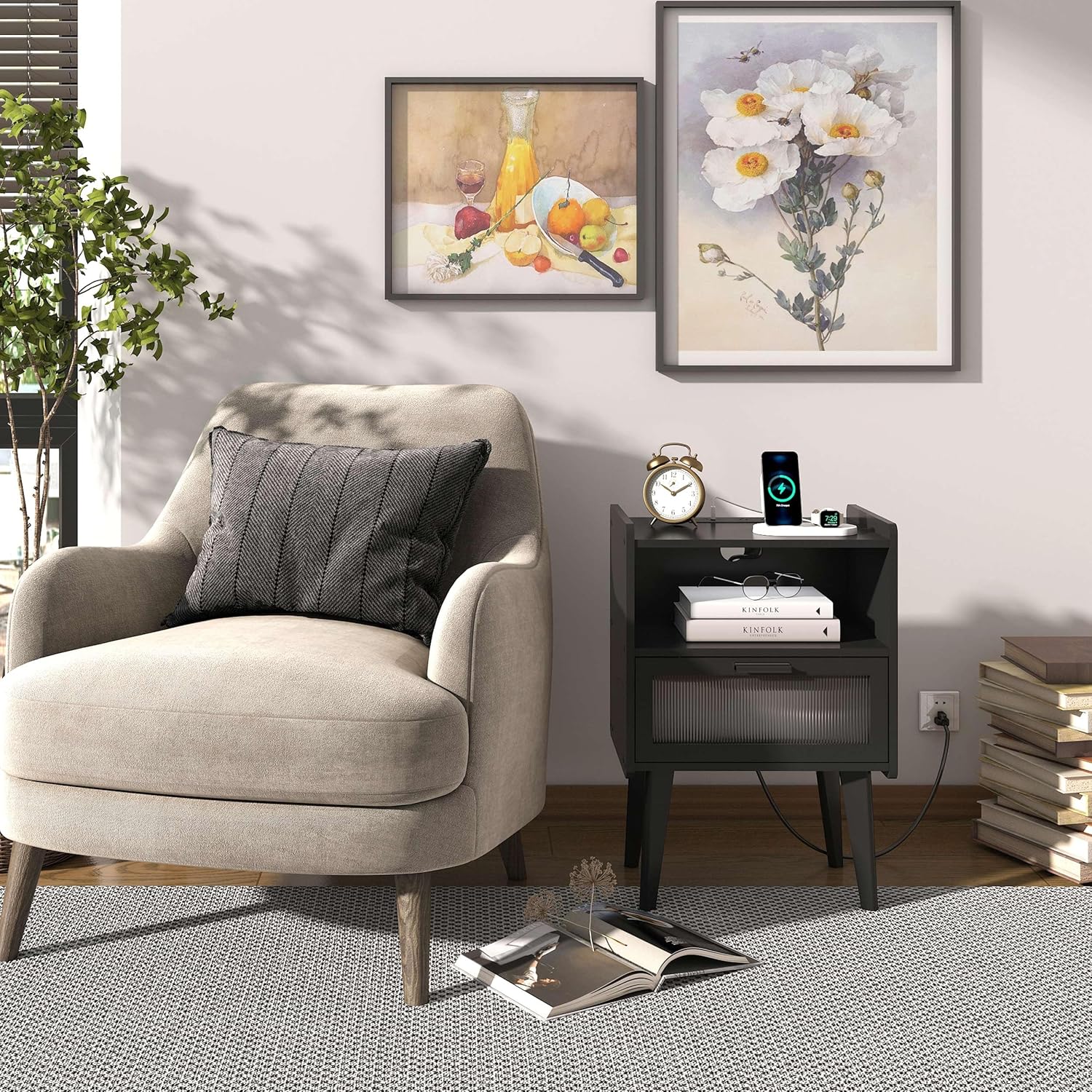 Nightstand with Charging Station, Bedside Tables, End Table Side Table with 2 Tiers Storage Space, for Bedroom, Living Room, Black CAMLBZ07BE - Image 8