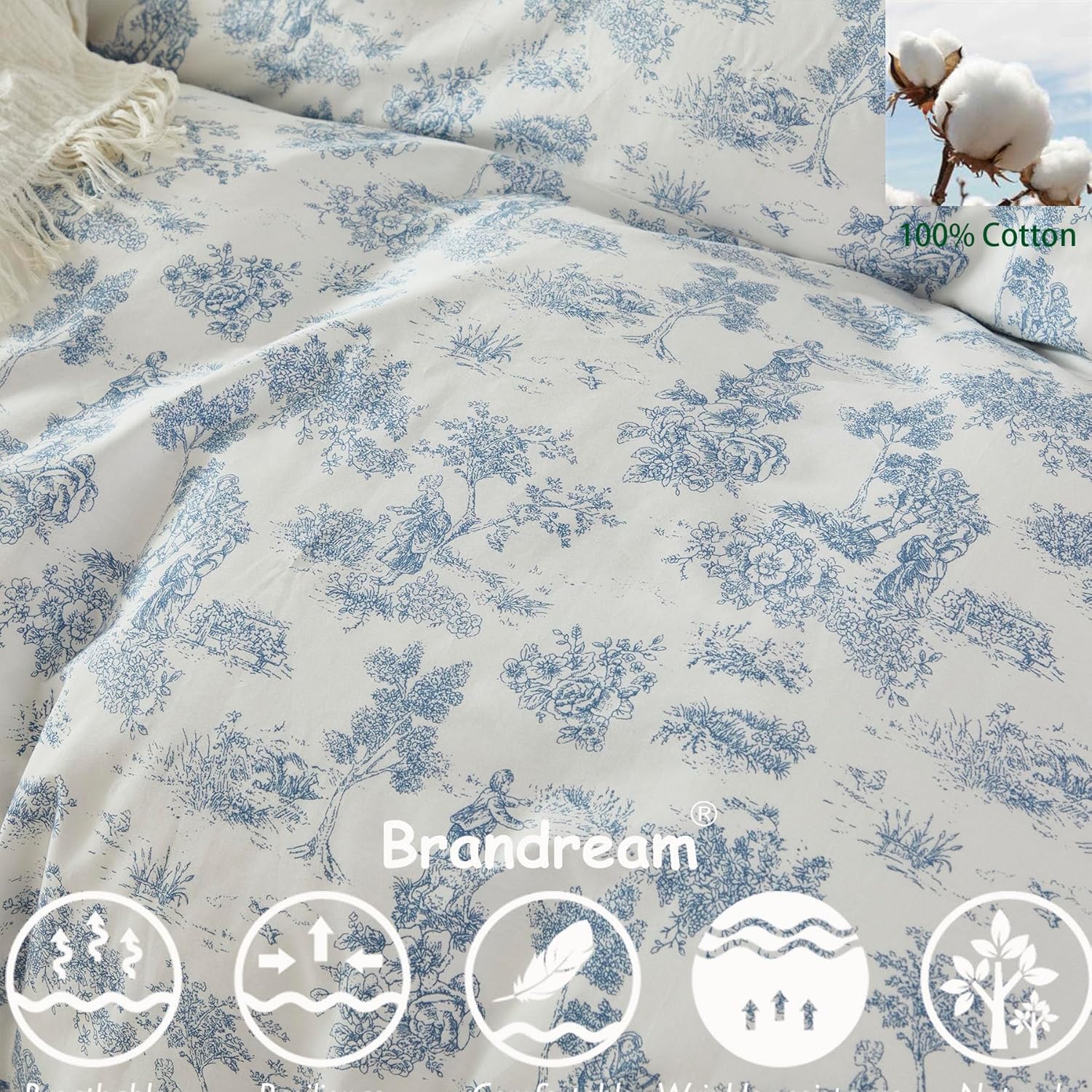 Brandream French Country Toile Queen Duvet Cover Set for Girl Women Bedroom Vintage Blue Toile Floral Print 100% Cotton Duvet Quilt Comforter Cover Pillow Shams Set with Delicate Ruffle Fringe - Image 6