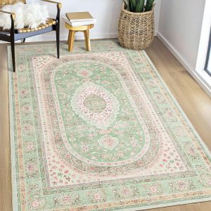 Green Rug 3x5,Washable Area Rugs for Bedroom Living Room Kitchen Entryway,Small Boho Vintage Bohemian Distressed Oriental Non Slip Carpet,Sage Blush Floral